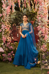 Peacock blue pleated dress with raw silk embroidered yoke